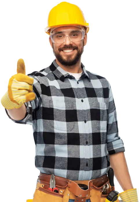 Técnico da Marido de Aluguel Resolve de capacete amarelo, óculos de proteção e cinto de ferramentas, fazendo sinal de positivo